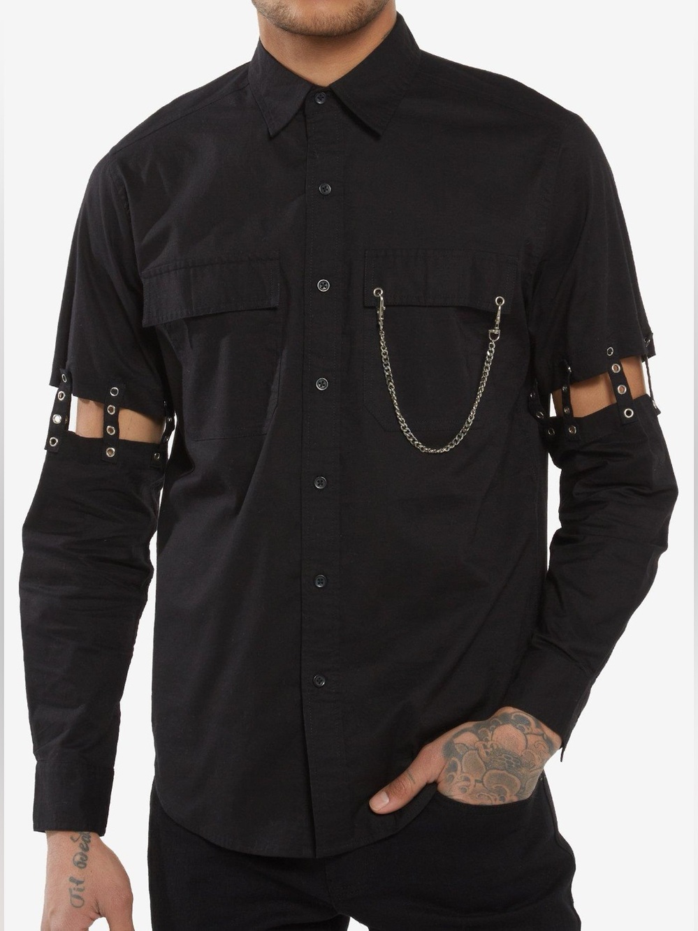 Hot Topic mens M Medium black grommet cutout strap sleeve button up shirt EUC